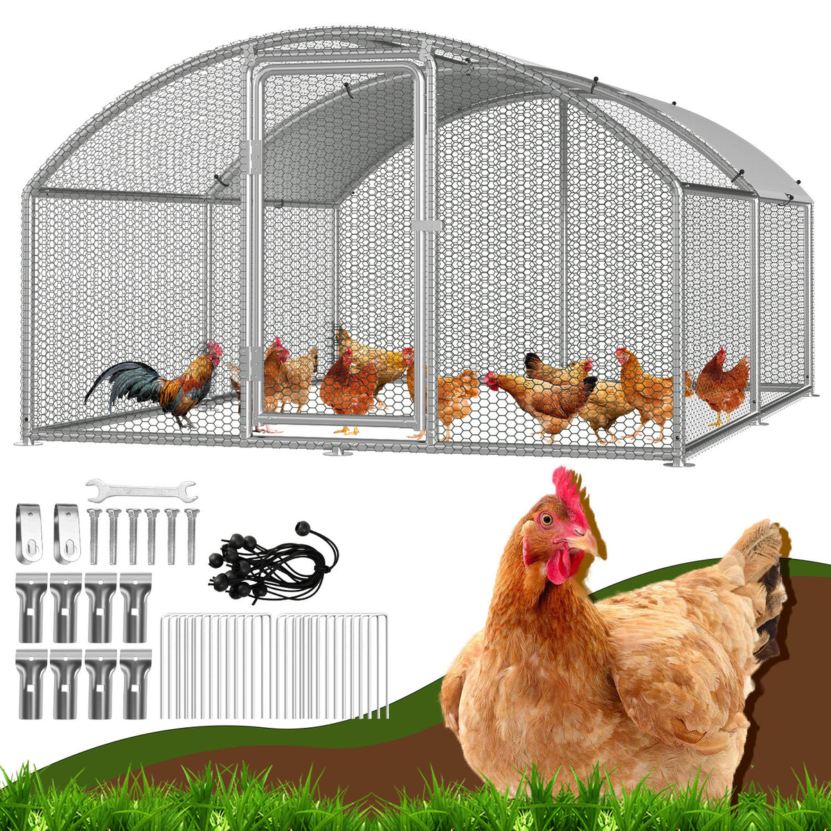 SWANEW Hühnerstall Freilaufgehege, 3 x 4 x 2 m, Dome Roof Hühnerhaus Verzinkter Stahl, Hühnervoliere Begehbar mit Schloss und Wasserdichtes PE Gewebe
