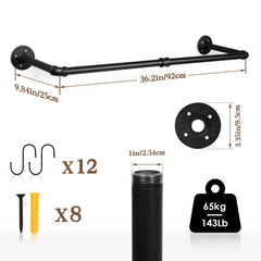SWANEW Wandgarderobe Kleiderstange Wandmontage mit Haken, 92 x 25 cm 65kg Belastbar