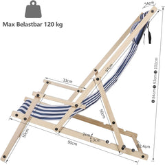 SWANEW 2er Set Liegestuhl Klappbar Holz, Gartenliege Strandstuhl Faltbar, 3-Fach Verstellbare Rückenlehne Klappliegestuhl, Strandliege mit Kopfkissen & Armlehnen (Blaue und weiße Streifen)